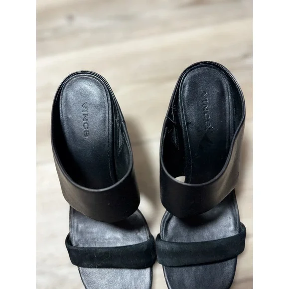 Vince Stylish Quinn Black Leather Suede Block Heel Mule Sandals Women's Size 7.5 - Picture 3 of 9